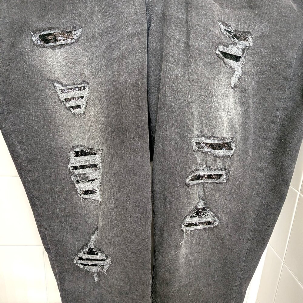 Lane Bryant Black Sequin Inserts Dark Gray Low Rise Girlfriend Distressed Jeans